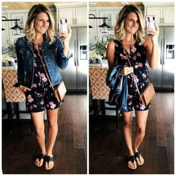 Sumer Floral Romper Shorts Strappy Back Spaghetti Straps Elastic Wais - Picture 6 of 7